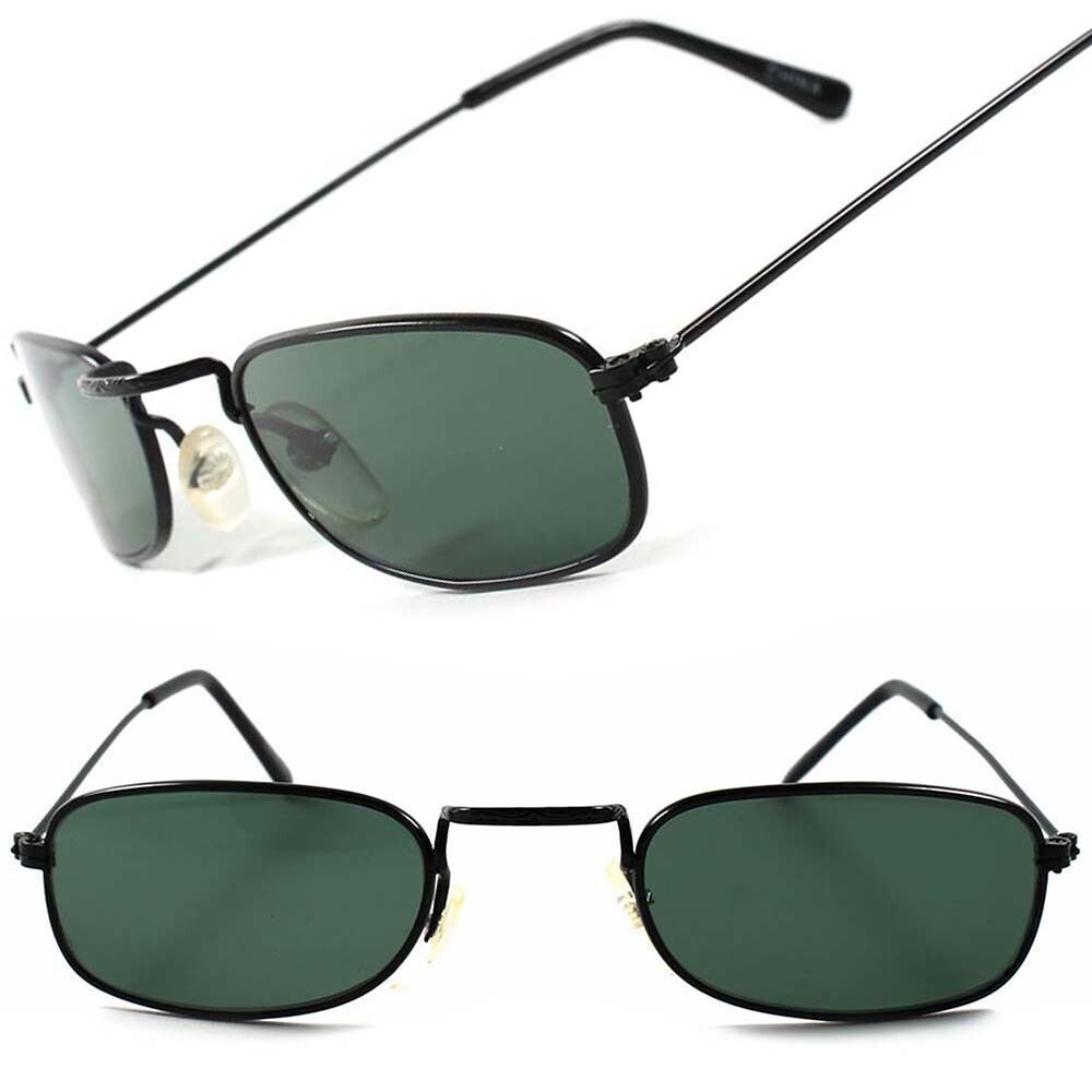 Classic Vintage Retro 70s Fashion Small Green Lens Black Rectangle Sunglasses